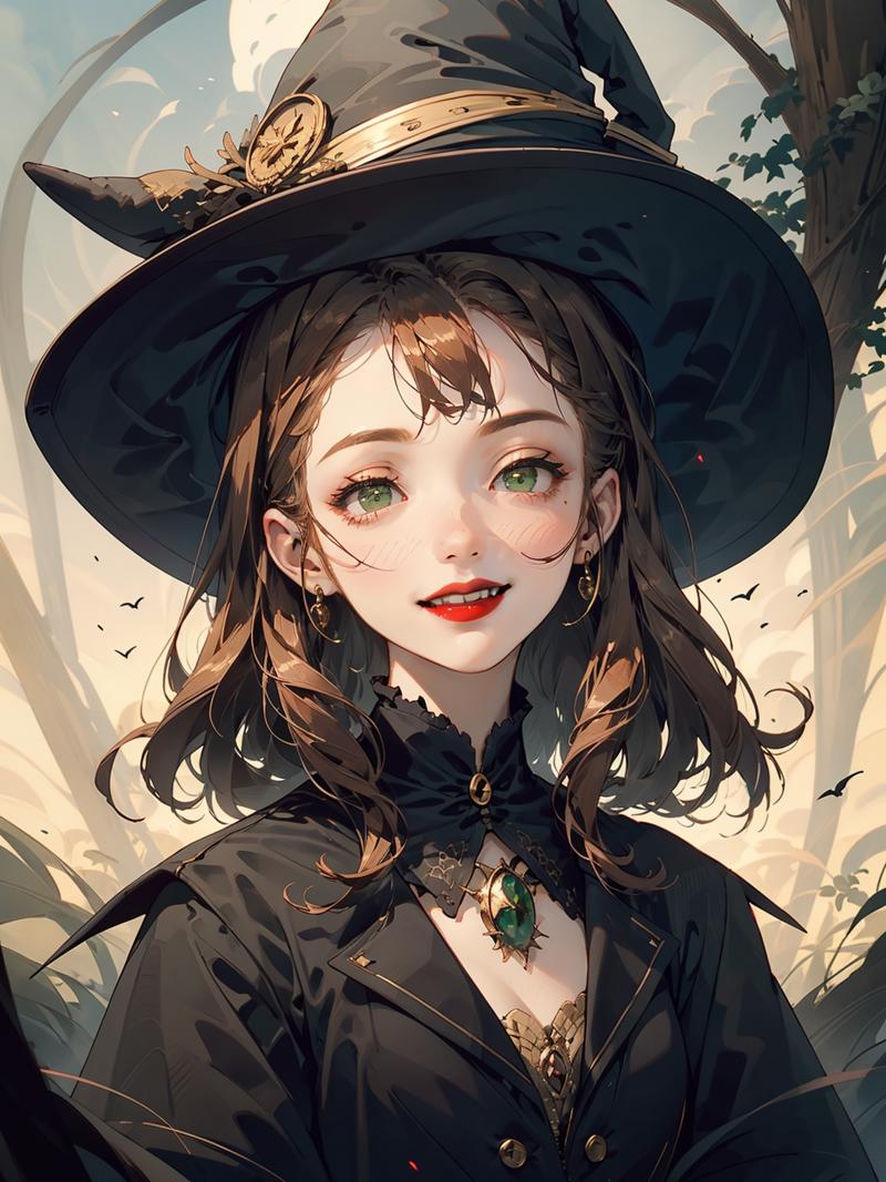 06777-1040806742-1girl,solo,game cg,red lips,green eyes,(WITCH HAT_1.3),(a witch hat_1.3),golden curly hair,upper body,portrait,outdoors,smile,_l.png